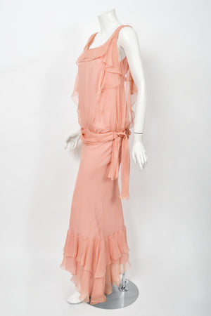 2008 John Galliano Pale Pink Semi-Sheer Silk Draped Ruffle Bias-Cut Gown
