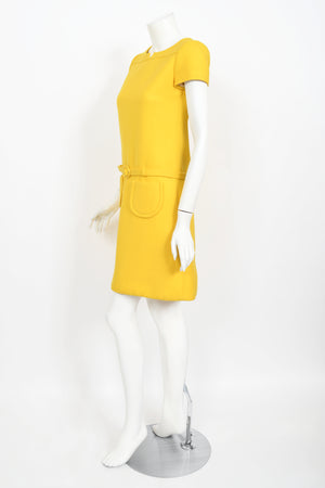 1968 André Courrèges Couture Yellow Wool Belted Space-Age Mod Dress