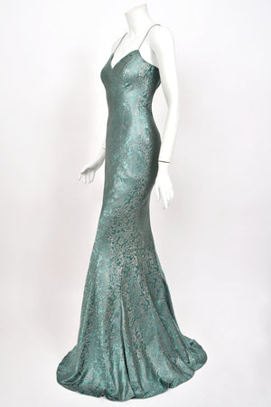 1999 Christian Dior by John Galliano Metallic Teal Blue Lamé Silk Bias-Cut Slip Gown