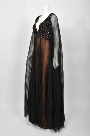 1969 Bob Mackie Couture Documented Beaded Nude-Illusion Pleated Silk Cape Gown