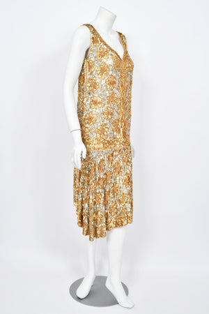 1920's French Couture Metallic Gold Beaded Sequin Cotton-Net Flapper Dress