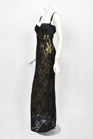 1997 Dolce & Gabbana Sheer Black Stretch Lace Built-In Bra Slip Gown