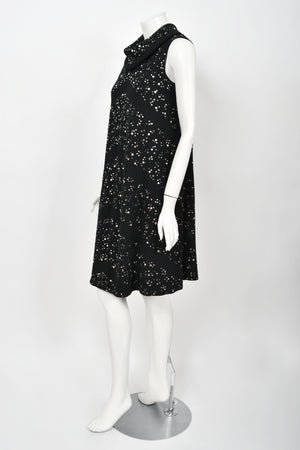 1960's Pauline Trigère Rhinestone Studded Black Wool Mod Trapeze Dress