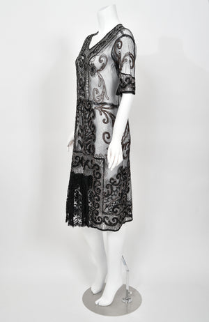 1920's Embroidered Black Sheer Mixed-Lace Beaded Art Deco Motif Dress