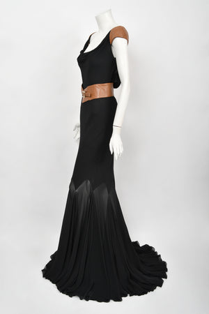 2001 Versace Couture Documented Runway Black Sheer Silk & Leather Bias-Cut Gown