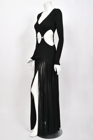 2018 Roberto Cavalli Runway Black Stretch Knit Long Sleeve Cut-Out High Slit Maxi Dress