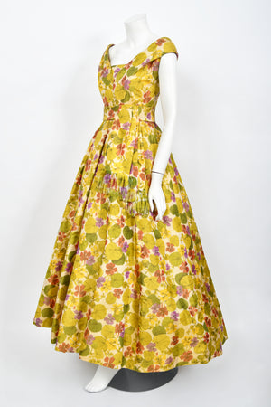 1950's Lanvin Castillo Haute Couture Watercolor Floral Silk Print Full-Skirt Gown