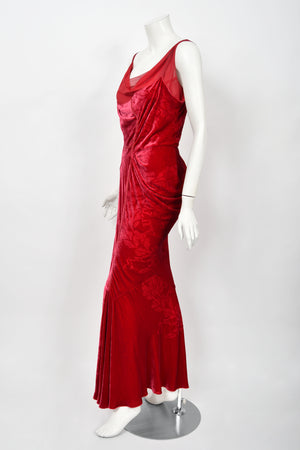 2006 Christian Dior by Galliano Ruby Red Velvet Asymmetric Draped Bias-Cut Gown