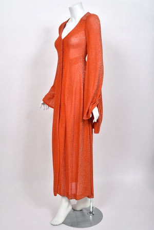 1974 Biba by Barbara Hulanicki Metallic Orange Lurex Angel-Sleeve High Slit Maxi Dress