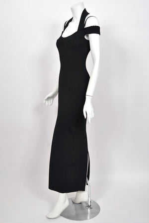 1992 Azzedine Alaia Black Stretch Knit Cold-Shoulder Halter Bodycon Maxi Dress