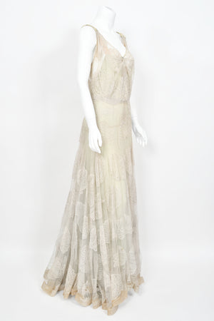 1932 Worth Couture for Elizabeth Arden Sequin Ivory Seashell Motif Lace Gown