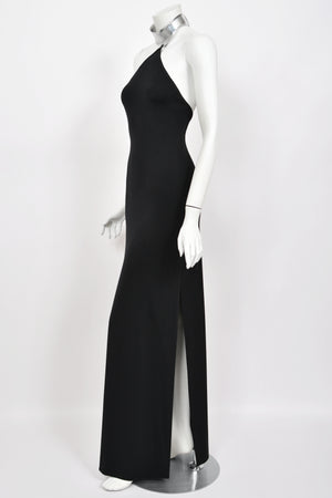 1975 Rudi Gernreich Documented Metal-Collar Black Jersey High-Slit Maxi Dress