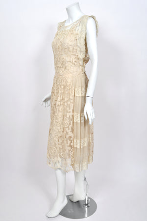 1920's French Cream Heavily Embroidered Deco Motif Filet Lace & Sheer Net Tea-Length Dress