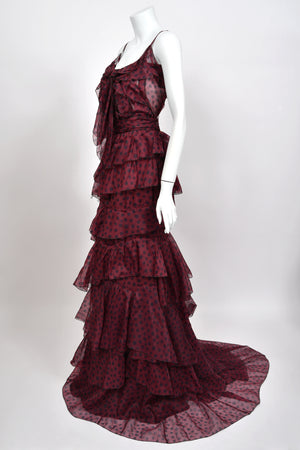 2011 Nina Ricci Editorial Burgundy & Black Polka-Dot Silk Tiered Ruffle Trained Gown w/ Tags