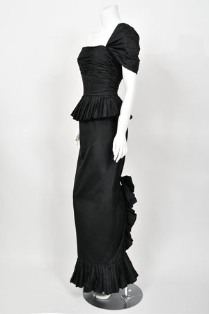 1986 Chanel Documented Runway Black Pleated Silk One-Shoulder Hourglass Gown