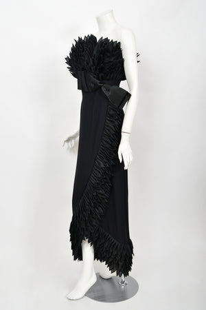 1959 Hall Ludlow Couture Museum-Held Black Silk Appliquéd Petals Hourglass Gown