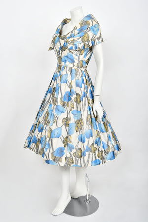 1956 Christian Dior Couture Blue Floral Silk Portrait Collar New Look Dress