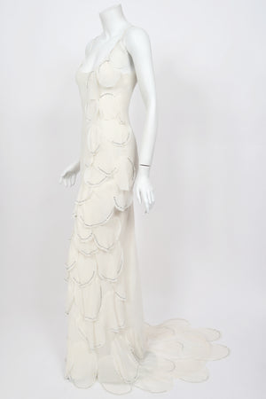 1990 Angelo Tarlazzi Paris Couture Ivory Silk Rhinestone Petals Bias-Cut Trained Gown
