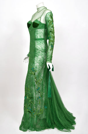 2011 Tom Ford Emerald Green Embroidered Sheer Tulle Lace Velvet-Bra Trained Editorial Gown