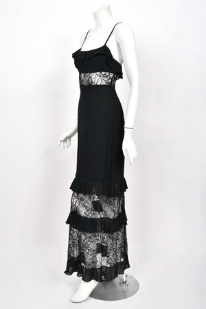 1994 Chanel by Karl Lagerfeld Cruise Collection Sheer Black Lace Ruffle-Trim Lingerie Gown