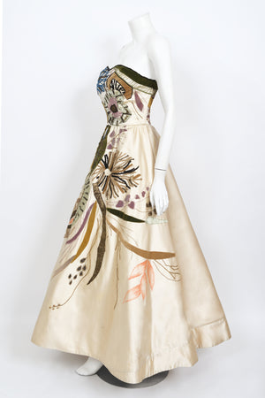 1950's Emilio Schuberth Italian Couture 'Under The Sea' Motif Satin Gown