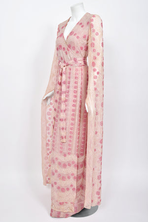 1974 Thea Porter Couture Sparkling Pink Glitter Silk Angel Sleeve Wrap Gown