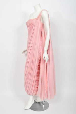 1958 Jean Dessès Haute Couture Attributed Pink Ruched Chiffon Goddess Gown
