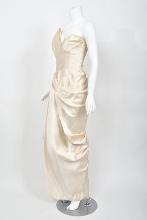 1949 Jeanne Lanvin Haute Couture Ivory Silk Satin Strapless Draped Bridal Gown
