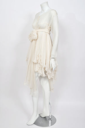 1991 Dolce & Gabbana Runway Ivory Silk Belted Sash Tiered Babydoll Mini Dress