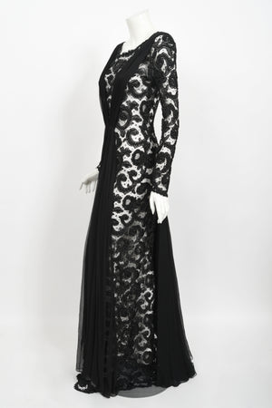 1998 Hanae Mori Haute Couture Beaded Sheer Lace & Chiffon Hourglass Gown