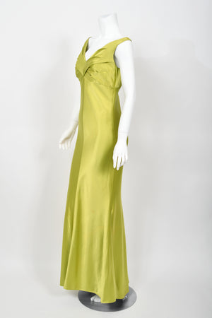 1995 Gianni Versace Couture Documented Runway Chartreuse Silk Off-Shoulder Gown