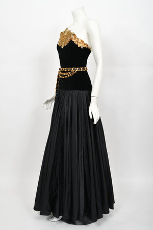 1985 Chanel Documented Runway Metallic Beaded Gold Lamé & Black Silk Strapless Gown