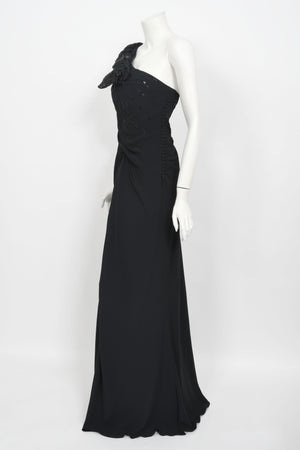 2008 Christian Dior by John Galliano Black Beaded Silk High Slit Bias-Cut Gown