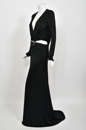 2004 Gucci by Tom Ford Black Silk Jersey Plunge Long Sleeve Cut-Out Finale Gown