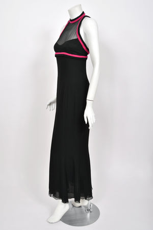1994 Chanel by Karl Lagerfeld Black Sheer Silk Chiffon Pink Cashmere Trimmed Maxi Dress w/ Shawl