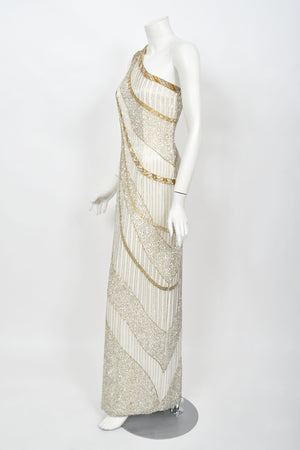 1984 Bob Mackie Couture Ivory Beaded Silk One-Shoulder Goddess Gown