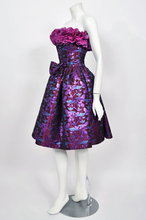 1989 Nina Ricci Haute Couture Metallic Fuchsia Silk Brocade Strapless Skirted Dress