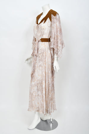 1971 Giorgio Sant' Angelo Watercolor Chiffon & Suede Angel-Sleeve Wrap Dress