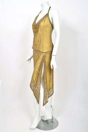 1992 Bob Mackie Runway Metallic Gold Fully-Beaded Halter High Slit 'Flapper' Dress