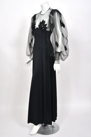 1979 Loris Azzaro Black Silk Jersey Sheer Illusion Petal Motif Billow-Sleeve Gown
