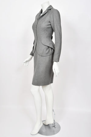 1998 John Galliano ‘Cabaret’ Collection Charcoal Gray Wool Dress & Peplum Jacket Suit