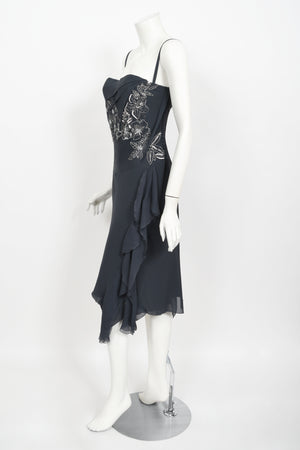 2006 Christian Dior by John Galliano Beaded Gunmetal Silk Bustier Dress