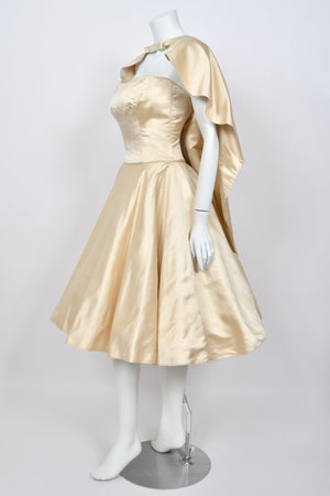 1950's Don Loper Couture Ivory Silk Satin Strapless Full-Skirted Dress w/ Detachable Cape