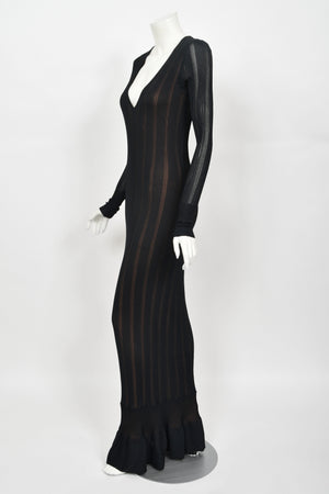 1996 Azzedine Alaïa Black Nude-Illusion Silky Knit Bodycon Floor Length Gown