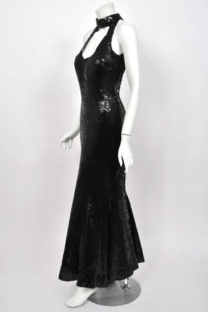 1973 Loris Azzaro Couture Black Fully Sequin Cut-Out Hourglass Mermaid Gown
