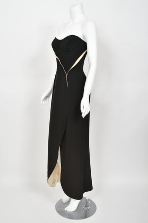 1999 Thierry Mugler Black & Ivory Strapless Bustier Hourglass High-Slit Gown