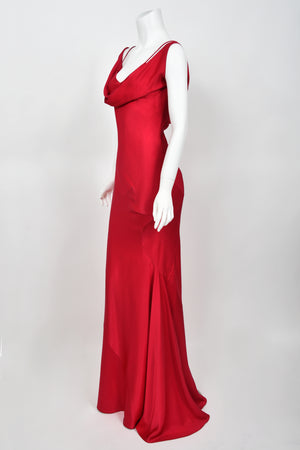 1994 John Galliano Ruby Red Off Shoulder Bias-Cut Gown Worn by Raquel Welch