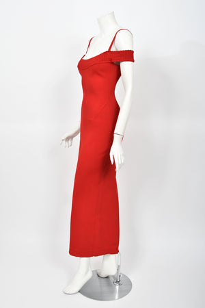 1992 Azzedine Alaia Documented Red Stretch Knit Cold-Shoulder Bodycon Maxi Dress