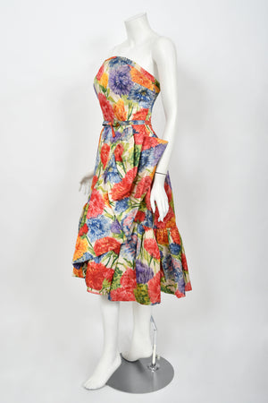 1958 Arnold Scaasi Couture Colorful Floral Silk Strapless Dress & Swing Jacket