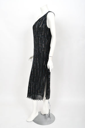 1970's Halston Couture Iridescent Beaded Black Silk One-Shoulder Dress
